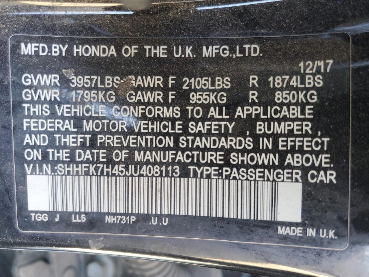 2018 Honda Civic VIN SHHFK7H45JU408113 Copart auction photo, front end damage thumbnail 14