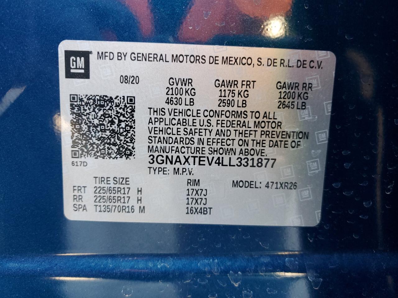 2020 Chevrolet Equinox VIN 3GNAXTEV4LL331877 Copart auction photo, mechanical damage thumbnail 13