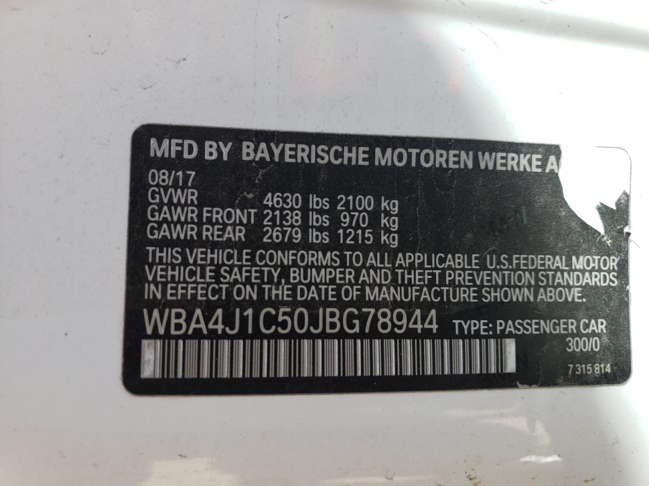 2018 BMW 4er VIN WBA4J1C50JBG78944 Copart auction photo, front end / side damage thumbnail 14