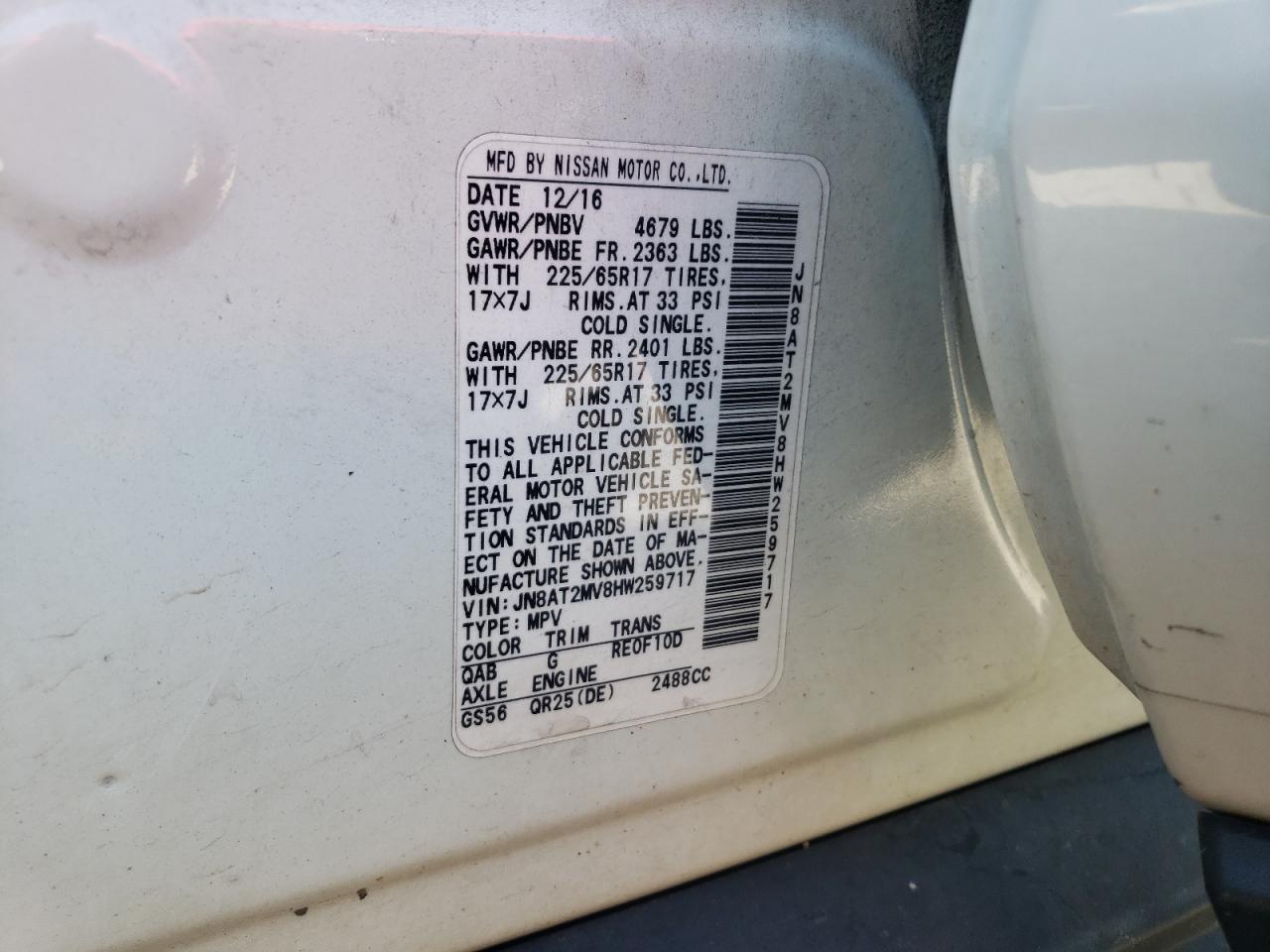 2017 Nissan Rogue VIN JN8AT2MV8HW259717 Copart auction photo, front end damage thumbnail 13