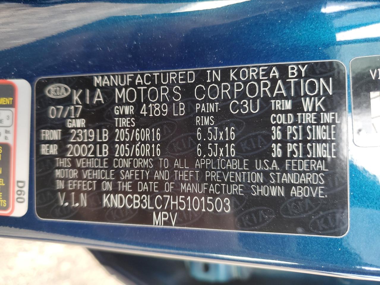 2017 KIA Niro VIN KNDCB3LC7H5101503 Copart auction photo, rear end damage thumbnail 14
