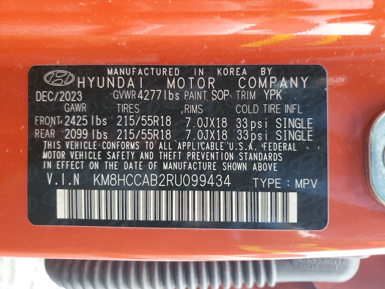 2024 Hyundai Kona VIN KM8HCCAB2RU099434 Copart auction photo, side / minor dent/scratches damage thumbnail 14
