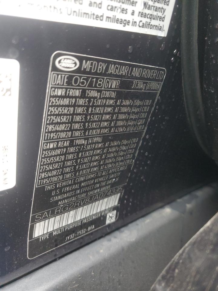 2018 Land Rover Discovery VIN SALRG2RV8JA074395 Copart auction photo, side / front end damage thumbnail 13