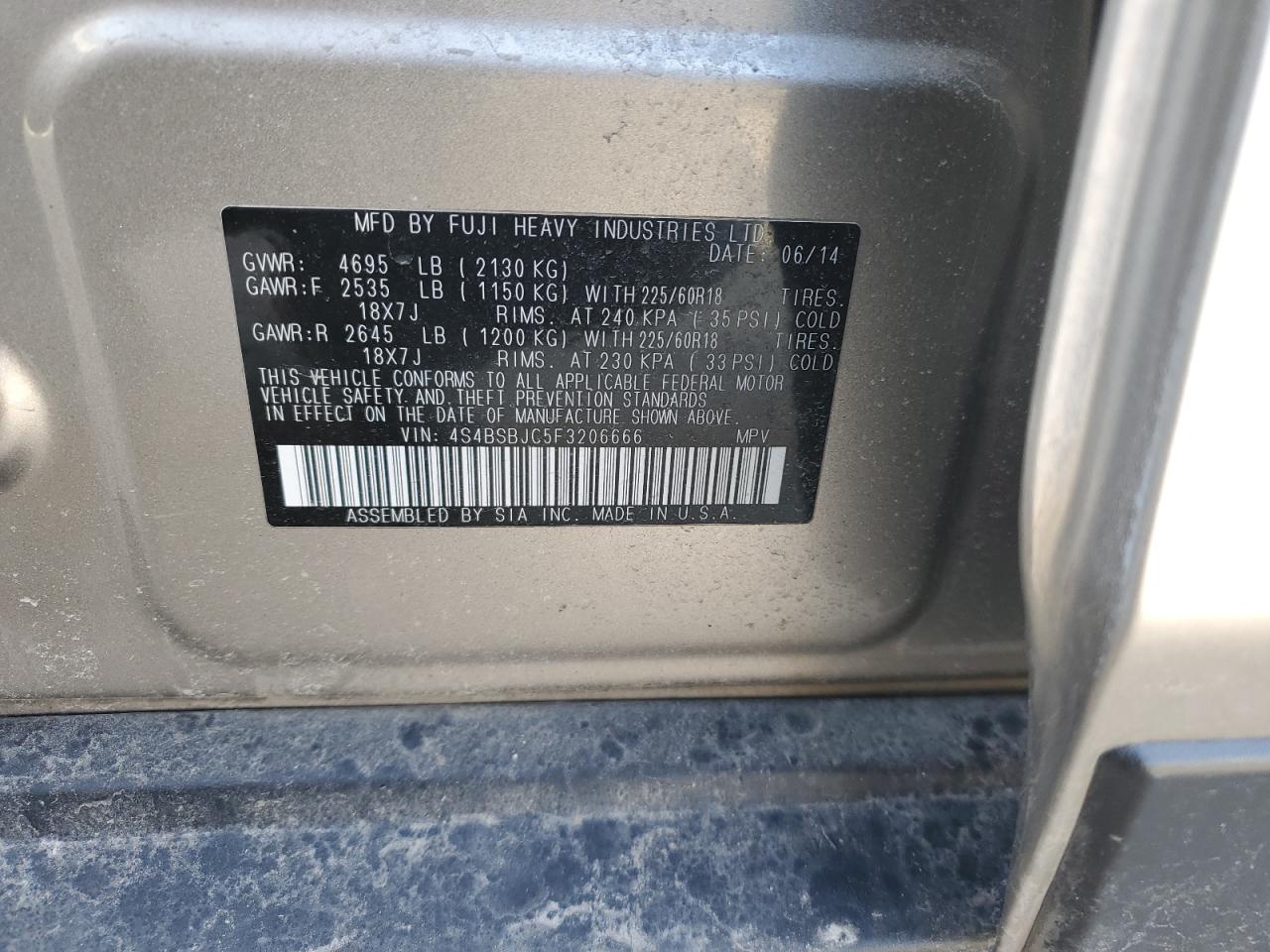 2015 Subaru Outback VIN 4S4BSBJC5F3206666 Copart auction photo, front end damage thumbnail 12