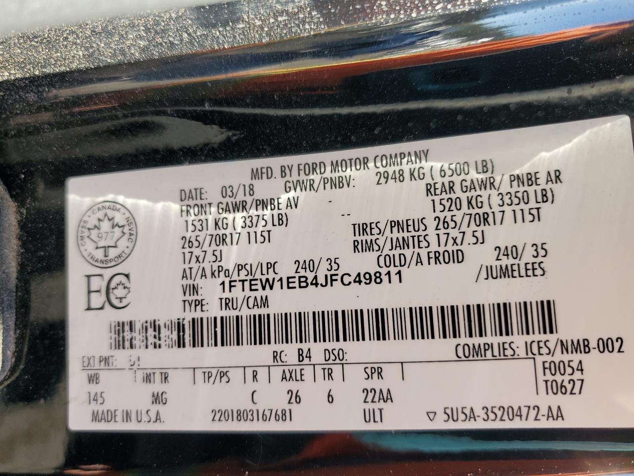2018 Ford F-150 VIN 1FTEW1EB4JFC49811 Copart auction photo, front end / side damage thumbnail 12