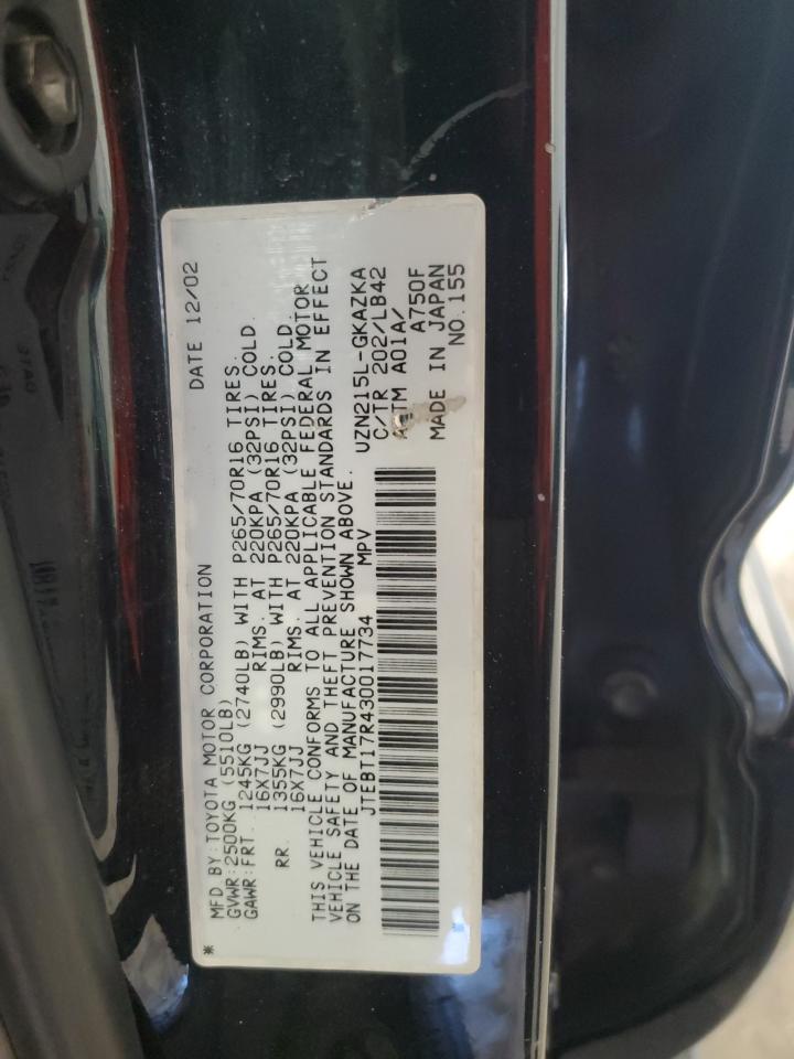 2003 Toyota 4Runner VIN JTEBT17R430017734 Copart auction photo, front end / side damage thumbnail 14