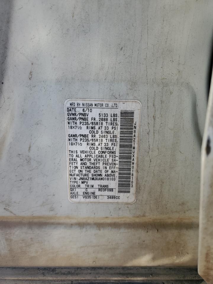 2010 Nissan Murano VIN JN8AZ1MUXAW018103 Copart auction photo, side / rear end damage thumbnail 13