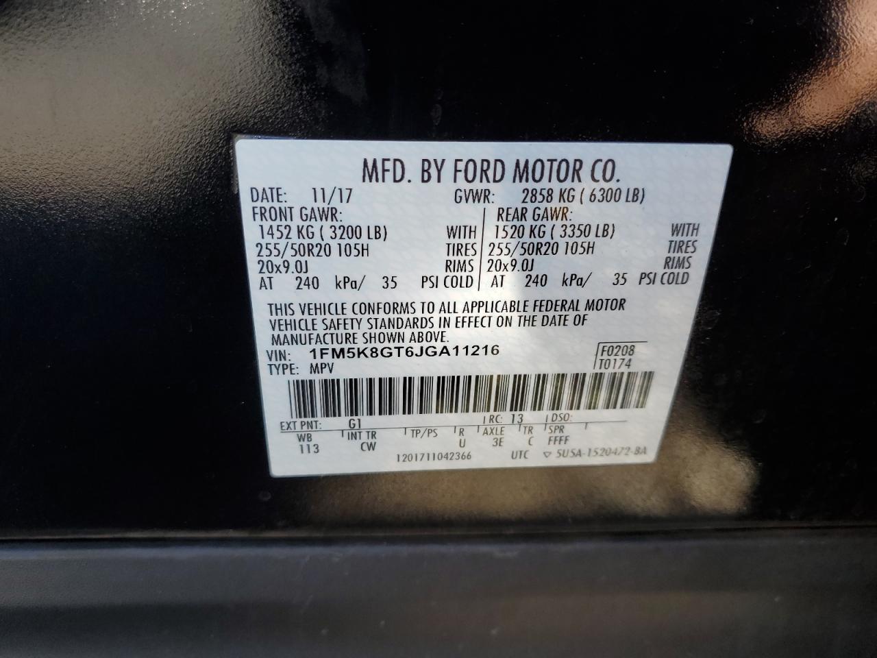 2018 Ford Explorer VIN 1FM5K8GT6JGA11216 Copart auction photo, rear end / side damage thumbnail 13
