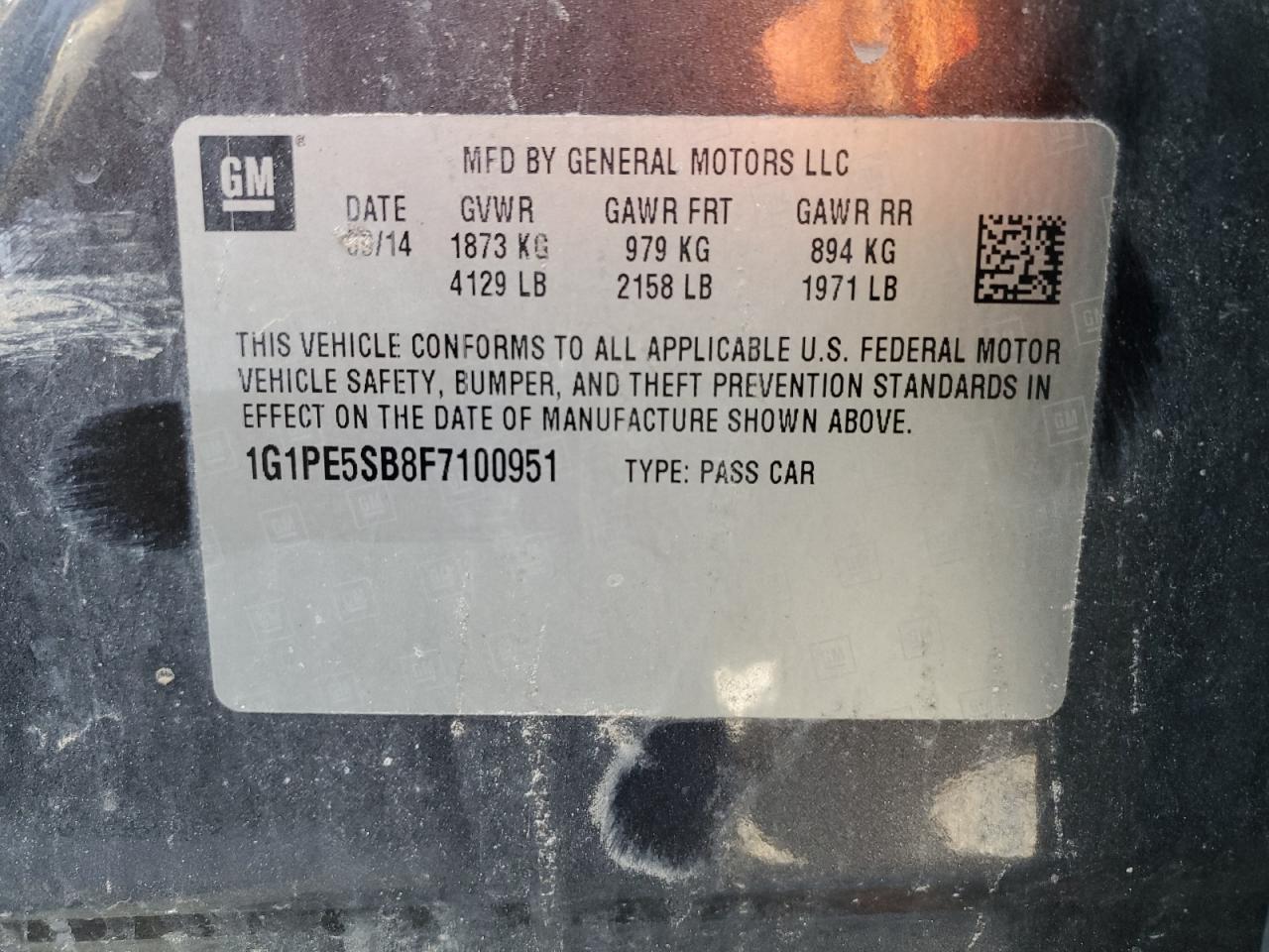 2015 Chevrolet Cruze VIN 1G1PE5SB8F7100951 Copart auction photo, front end damage thumbnail 14
