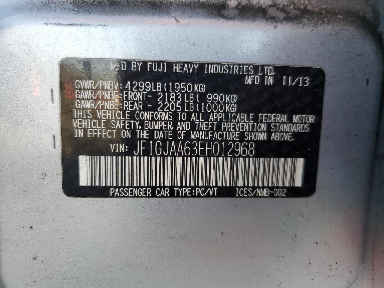 2014 Subaru Impreza VIN JF1GJAA63EH012968 Copart auction photo, front end / side damage thumbnail 14