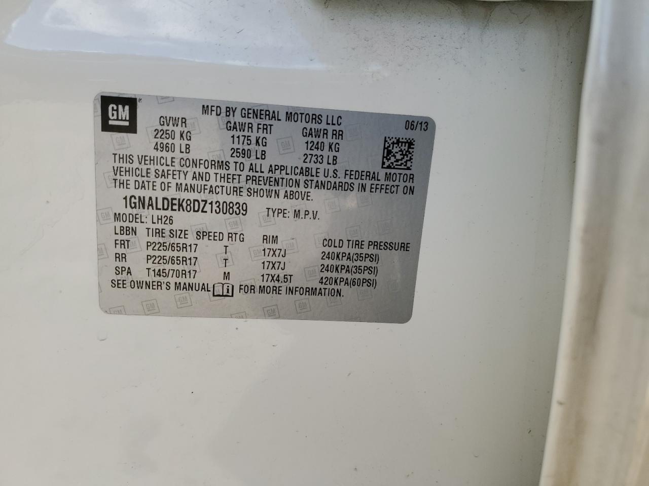 2013 Chevrolet Equinox VIN 1GNALDEK8DZ130839 Copart auction photo, side / rear end damage thumbnail 16