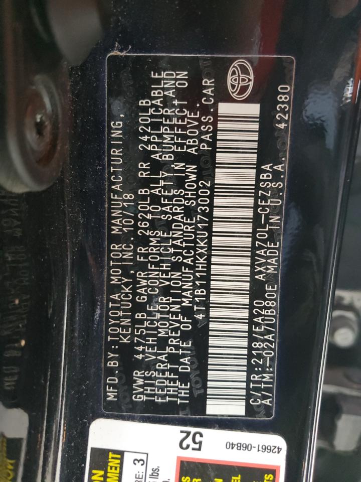 2019 Toyota Camry VIN 4T1B11HKXKU173002 Copart auction photo, all over / undercarriage damage thumbnail 12