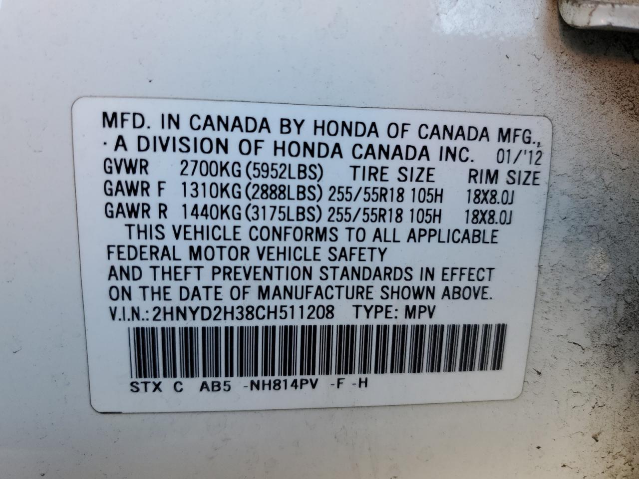 2012 Acura MDX VIN 2HNYD2H38CH511208 Copart auction photo, front end / minor dent/scratches damage thumbnail 14