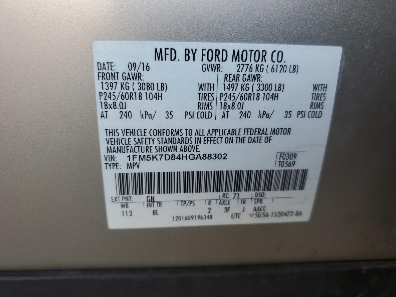 2017 Ford Explorer VIN 1FM5K7D84HGA88302 Copart auction photo, front end damage thumbnail 15