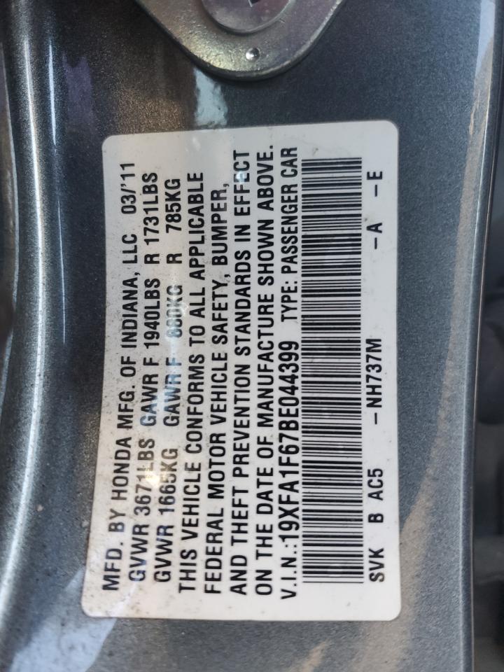 2011 Honda Civic VIN 19XFA1F67BE044399 Copart auction photo, front end / side damage thumbnail 12