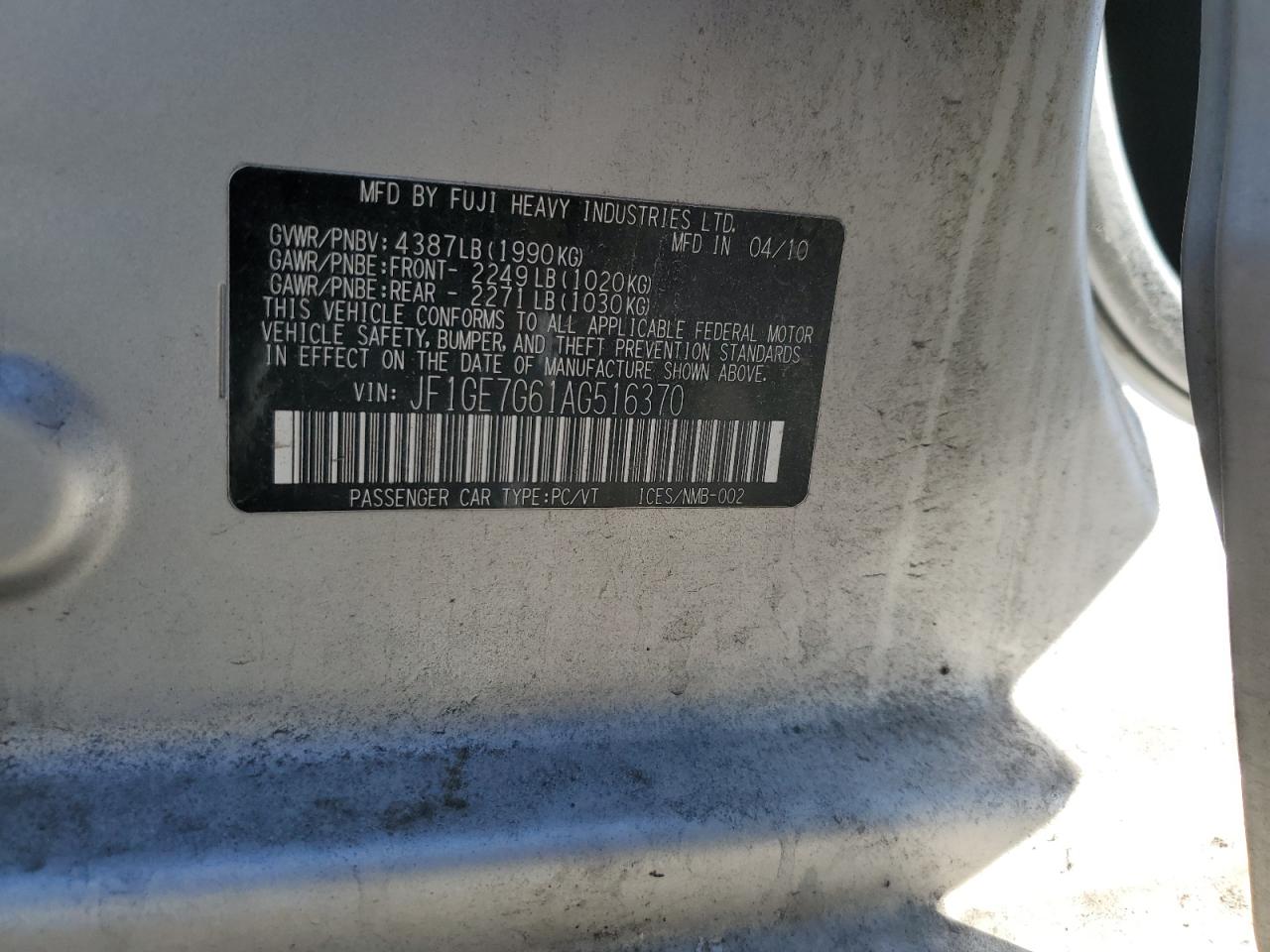 2010 Subaru WRX VIN JF1GE7G61AG516370 Copart auction photo, rear end damage thumbnail 14