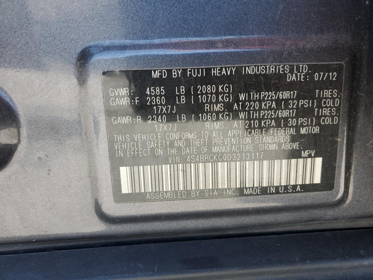 2013 Subaru Outback VIN 4S4BRCKC0D3213117 Copart auction photo, side / minor dent/scratches damage thumbnail 15
