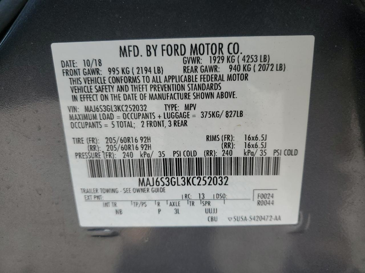 2019 Ford EcoSport VIN MAJ6S3GL3KC252032 Copart auction photo, front end / side damage thumbnail 13