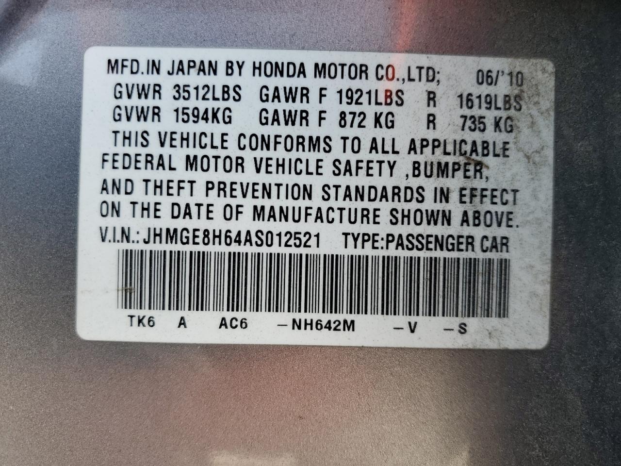 2010 Honda Fit VIN JHMGE8H64AS012521 Copart auction photo, side / front end damage thumbnail 13