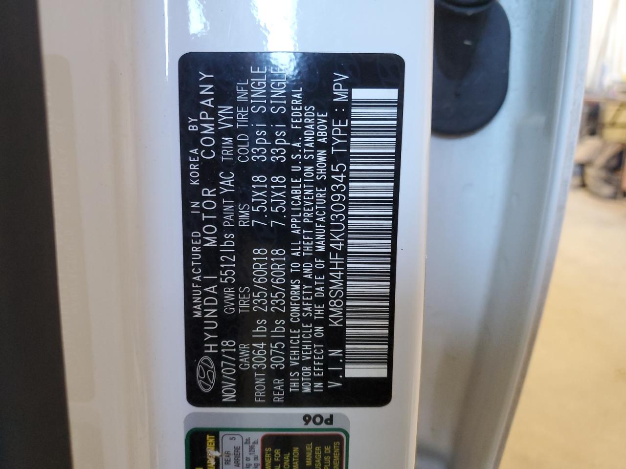 2019 Hyundai Santa Fe VIN KM8SM4HF4KU309345 Copart auction photo, water/flood / hail damage thumbnail 13