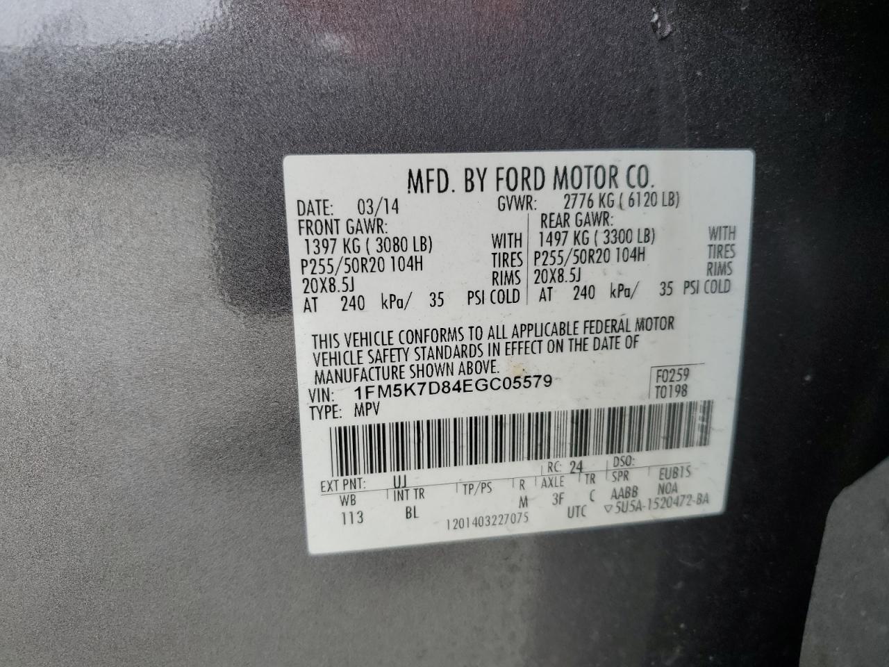 2014 Ford Explorer VIN 1FM5K7D84EGC05579 Copart auction photo, front end damage thumbnail 14
