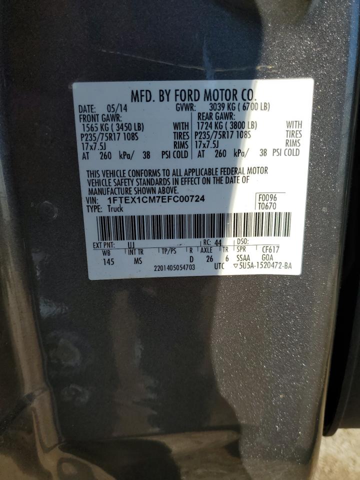 2014 Ford F-150 VIN 1FTEX1CM7EFC00724 Copart auction photo, front end / side damage thumbnail 15