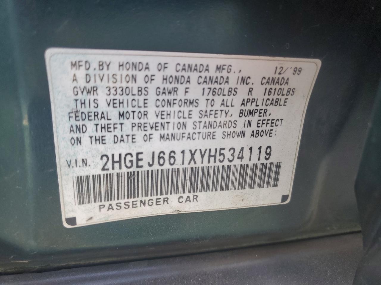 2000 Honda Civic VIN 2HGEJ661XYH534119 Copart auction photo, front end damage thumbnail 14