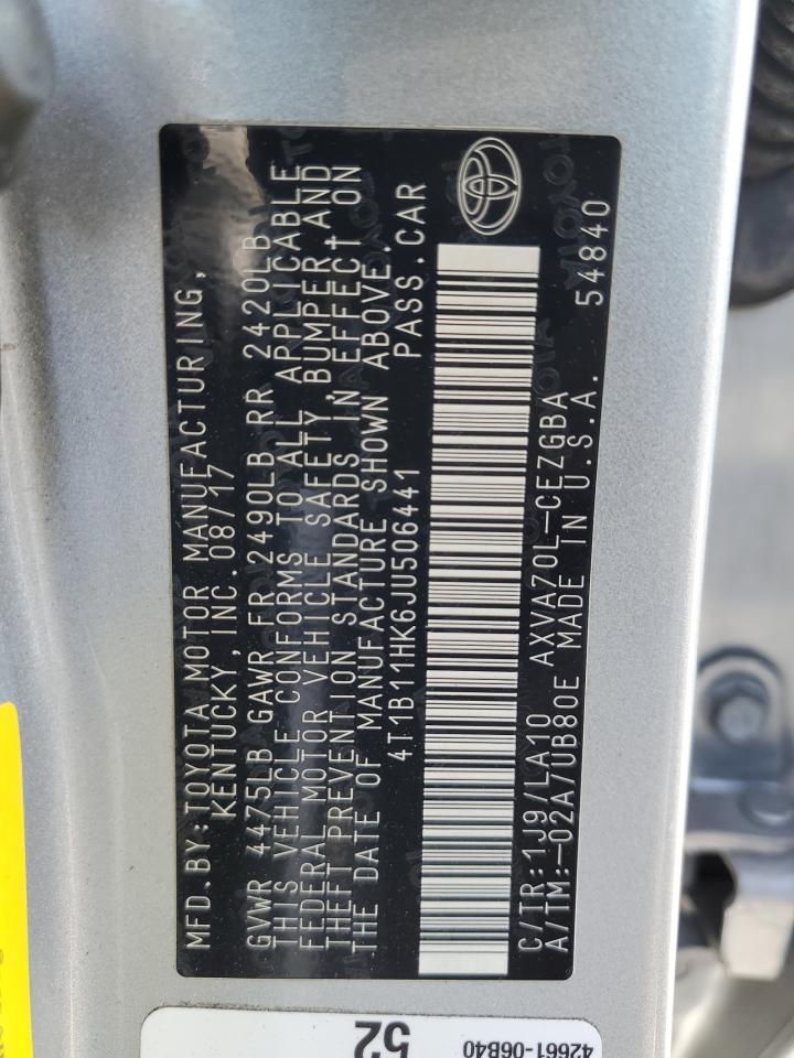 2018 Toyota Camry VIN 4T1B11HK6JU506441 Copart auction photo, rear end damage thumbnail 13