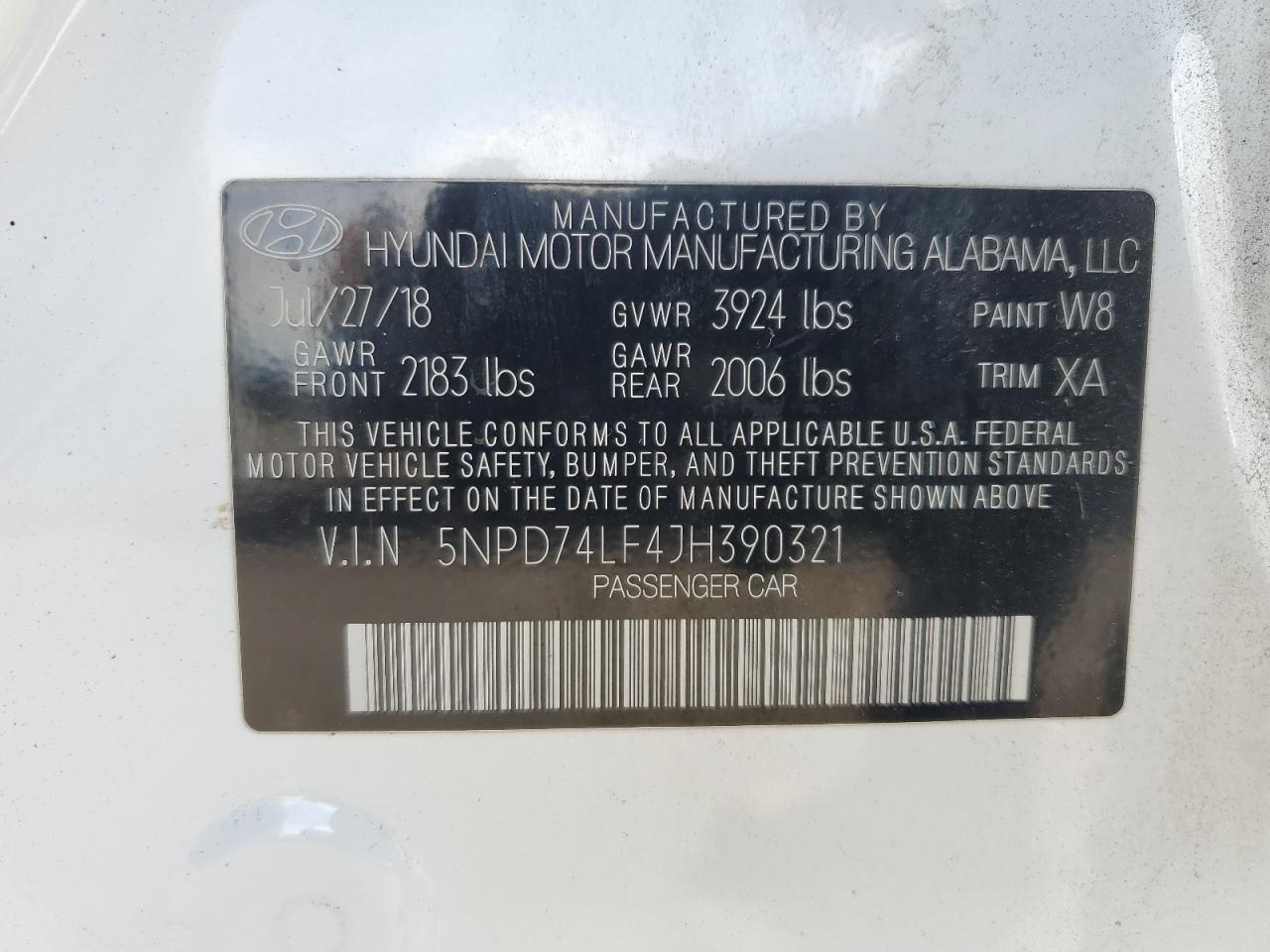 2018 Hyundai Elantra VIN 5NPD74LF4JH390321 Copart auction photo, rear end / side damage thumbnail 12