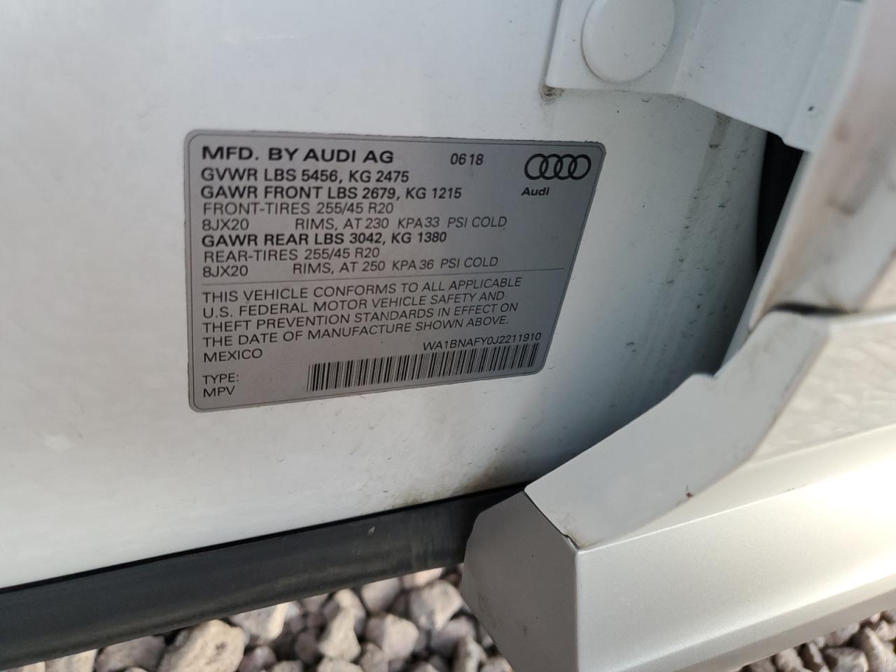 2018 Audi Q5 VIN WA1BNAFY0J2211910 Copart auction photo, rear end damage thumbnail 15