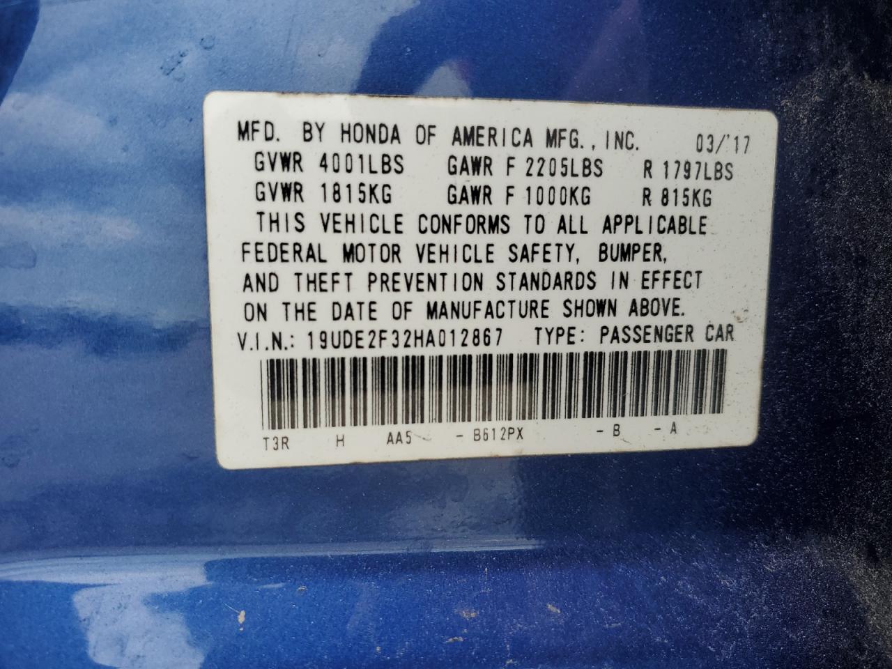 2017 Acura ILX VIN 19UDE2F32HA012867 Copart auction photo, front end damage thumbnail 14