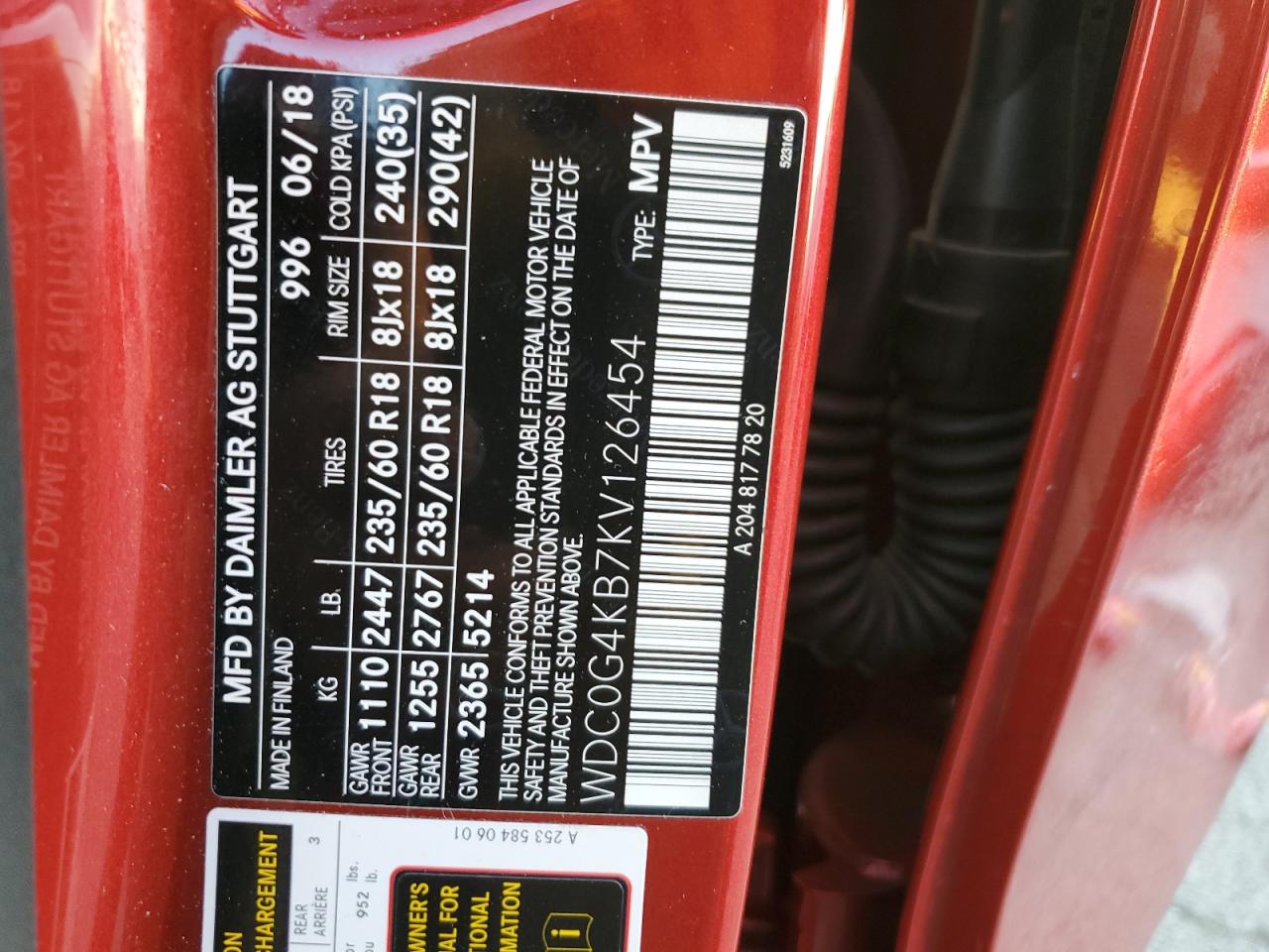 2019 Mercedes-Benz GLC VIN WDC0G4KB7KV126454 Copart auction photo, all over damage thumbnail 14