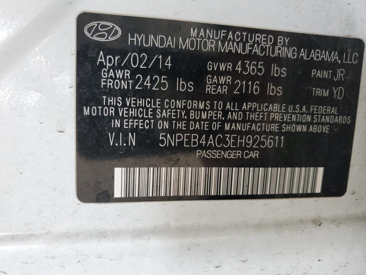 2014 Hyundai Sonata VIN 5NPEB4AC3EH925611 Copart auction photo, minor dent/scratches damage thumbnail 12