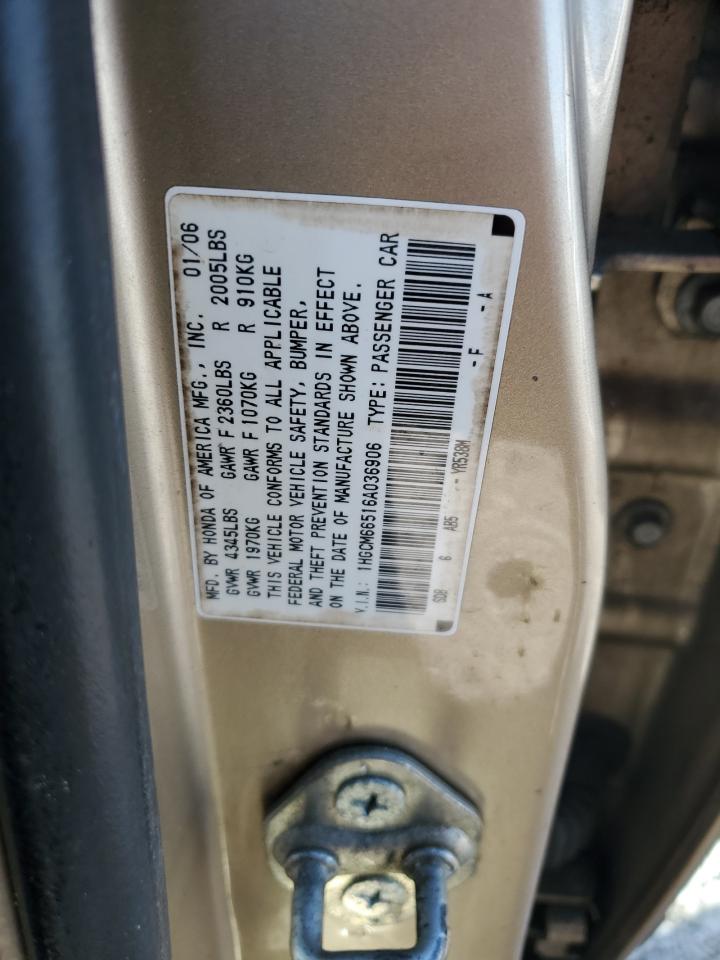 2006 Honda Accord VIN 1HGCM66516A036906 Copart auction photo, front end / rear end damage thumbnail 13