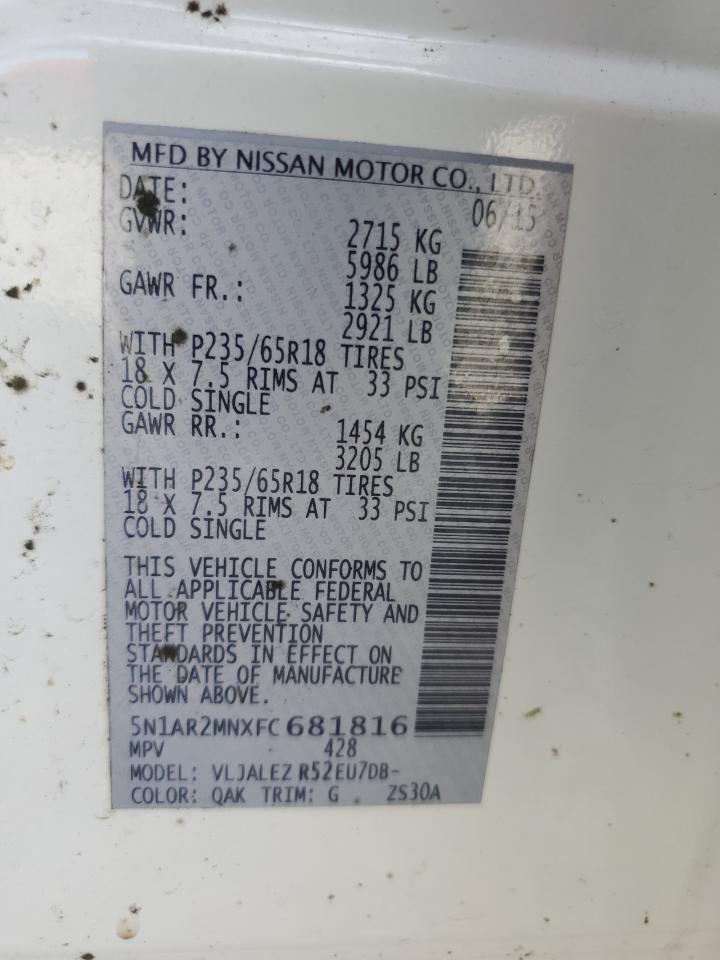 2015 Nissan Pathfinder VIN 5N1AR2MNXFC681816 Copart auction photo, front end damage thumbnail 15