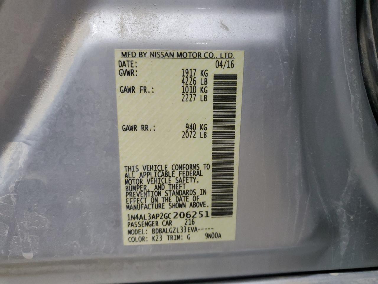 2016 Nissan Altima VIN 1N4AL3AP2GC206251 Copart auction photo, front end damage thumbnail 12