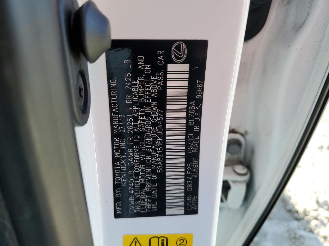 2019 Lexus ES VIN 58ABZ1B16KU044577 Copart auction photo, front end / top/roof damage thumbnail 14