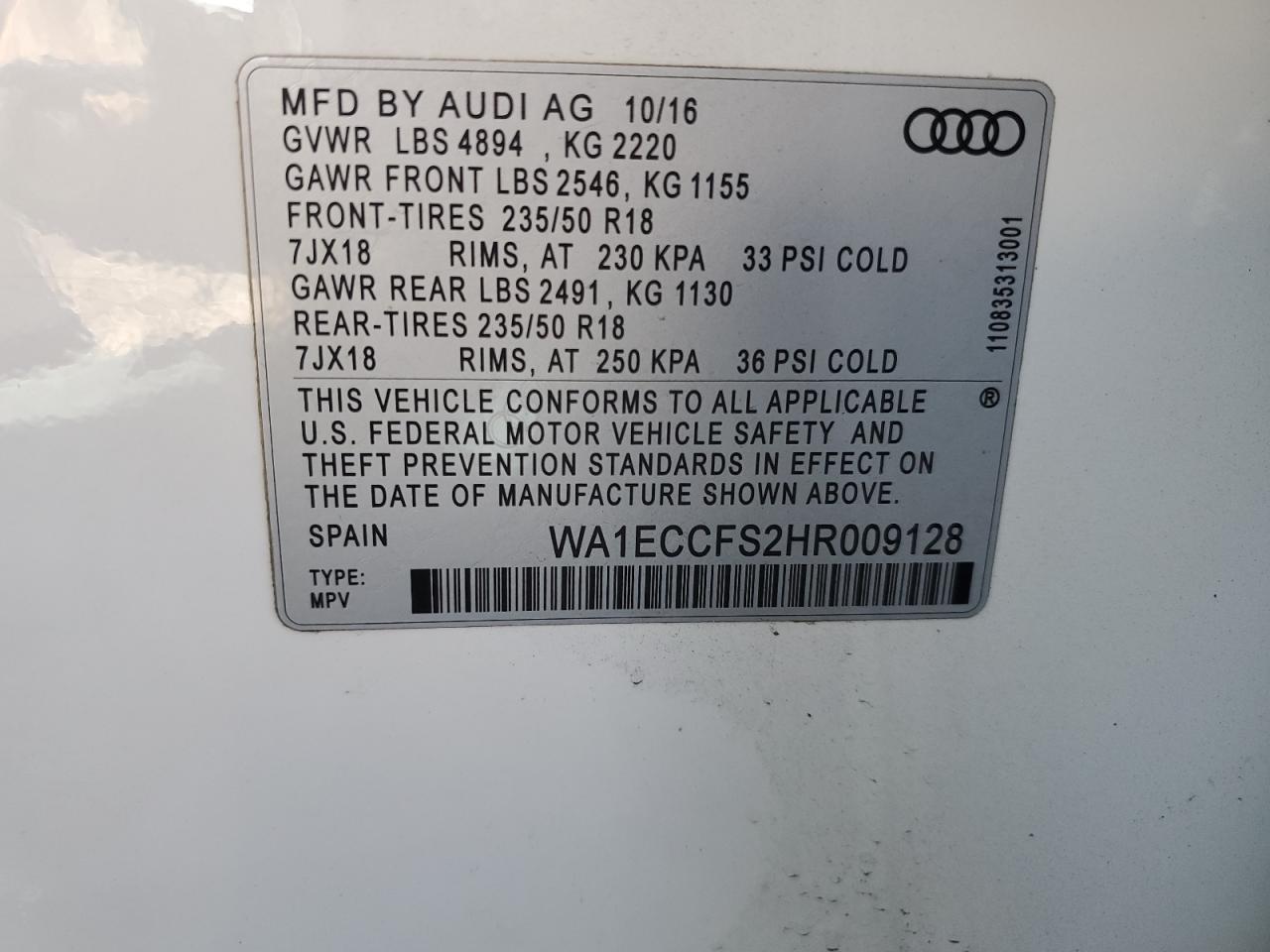 2017 Audi Q3 VIN WA1ECCFS2HR009128 Copart auction photo, front end / minor dent/scratches damage thumbnail 15