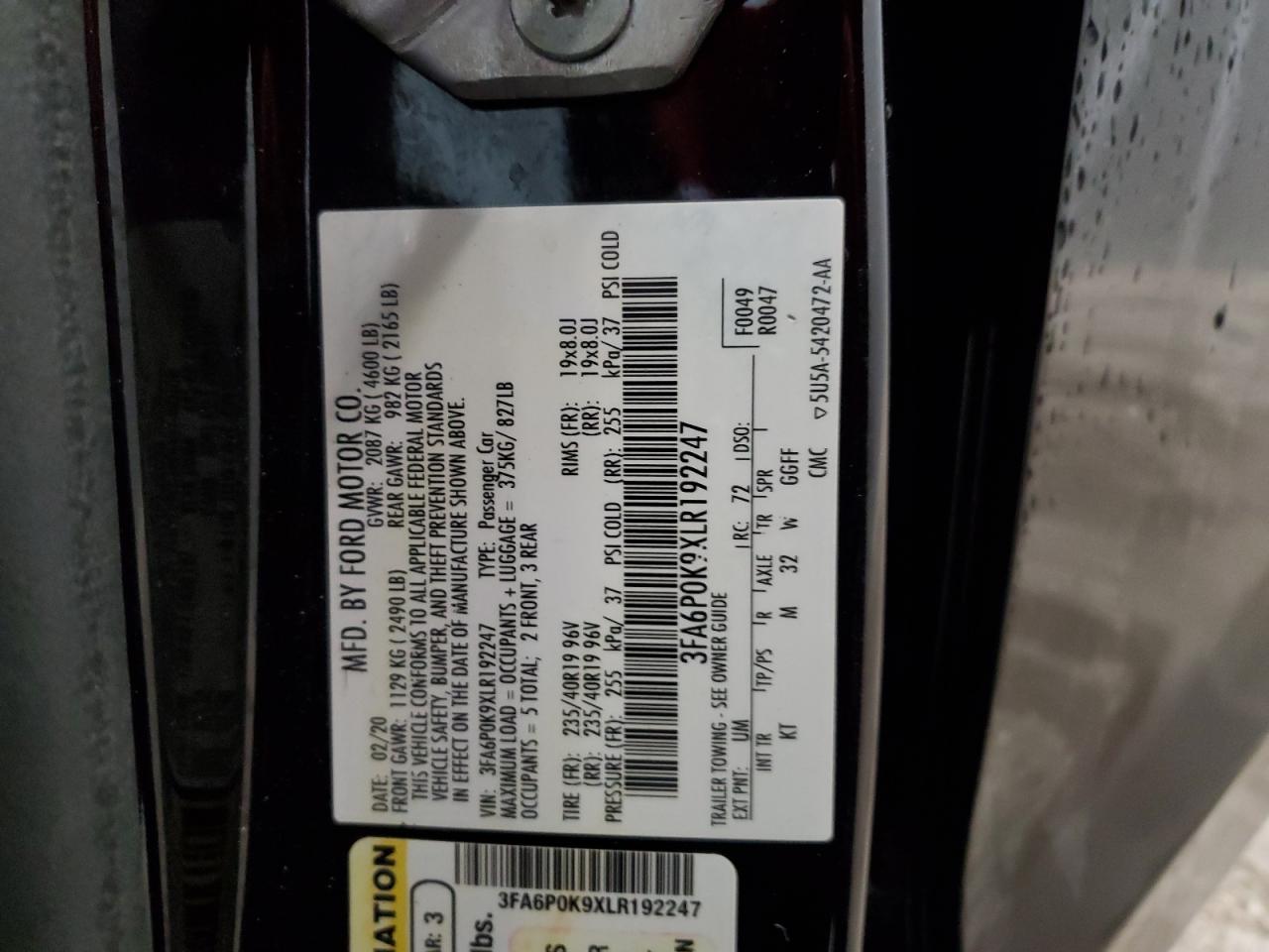 2020 Ford Fusion VIN 3FA6P0K9XLR192247 Copart auction photo, rear end damage thumbnail 12