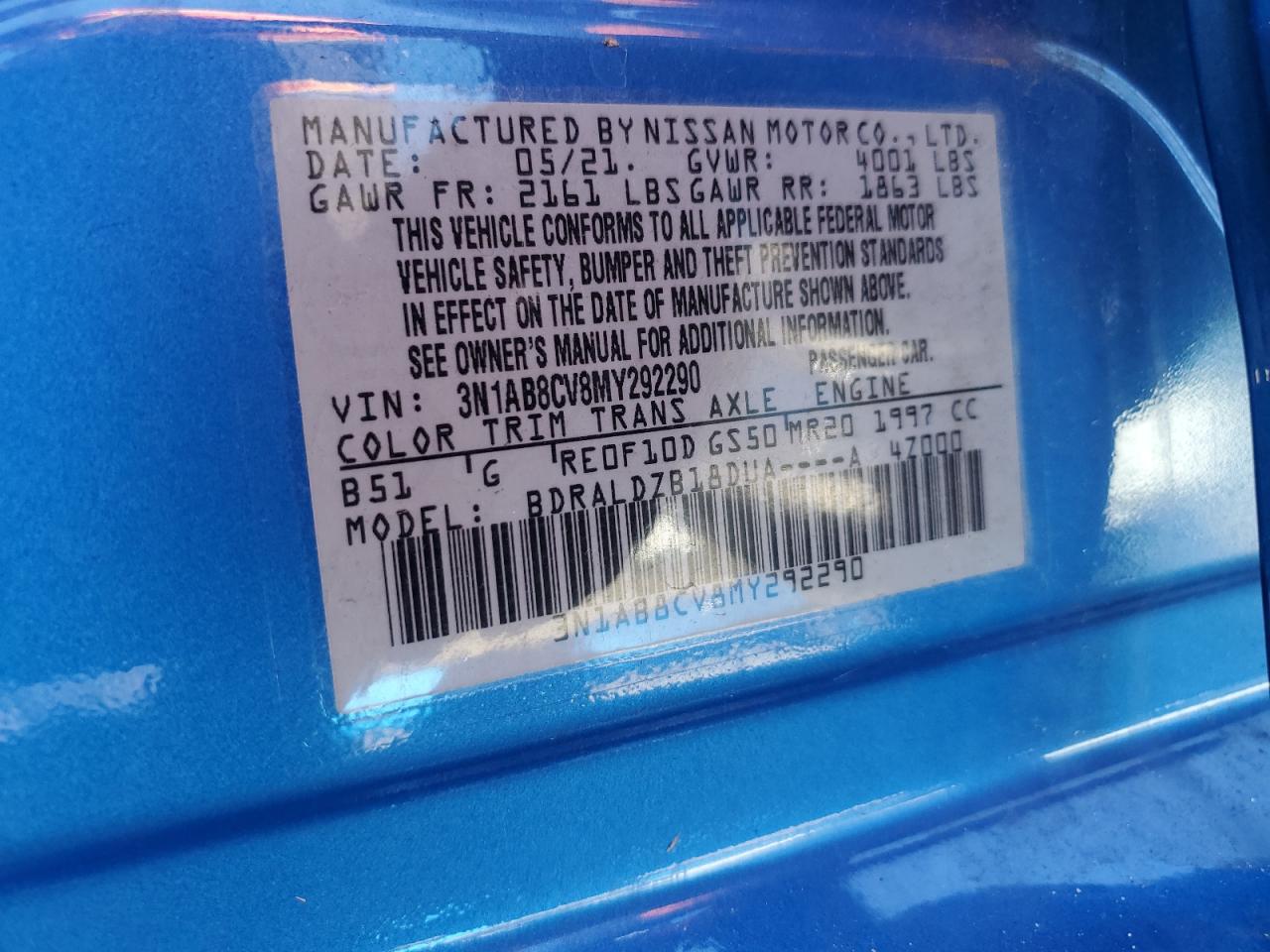 2021 Nissan Sentra VIN 3N1AB8CV8MY292290 Copart auction photo, front end / side damage thumbnail 13