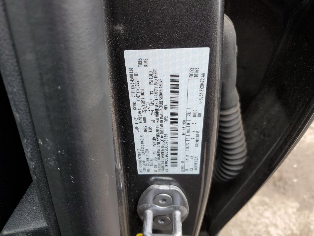 2020 Ford Escape VIN 1FMCU9G65LUC75159 Copart auction photo, rear end / side damage thumbnail 13