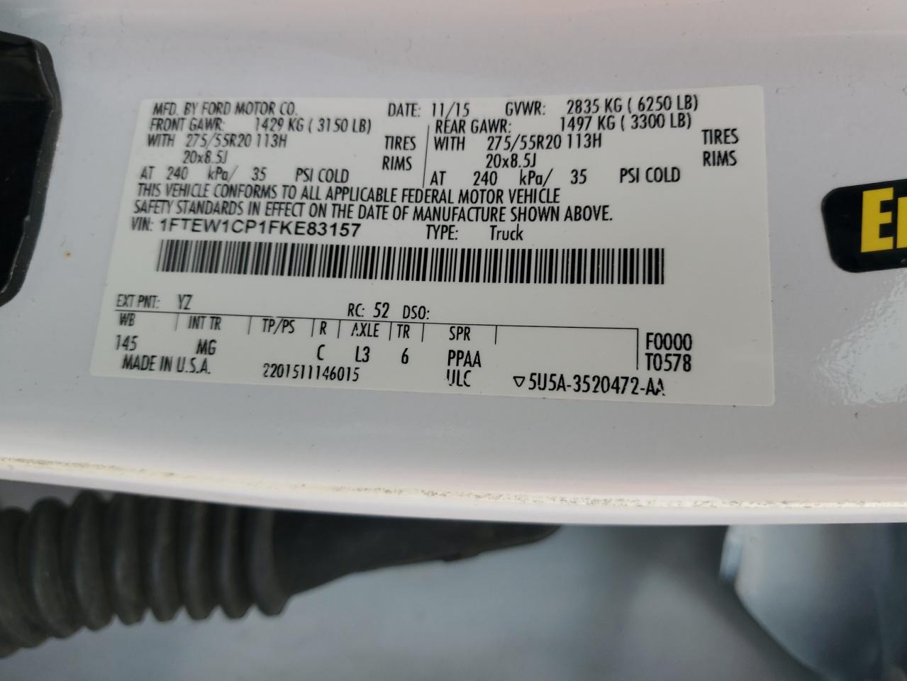 2015 Ford F-150 VIN 1FTEW1CP1FKE83157 Copart auction photo, front end / side damage thumbnail 14