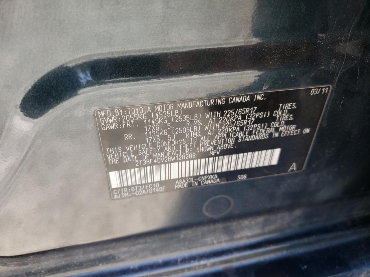 2011 Toyota RAV 4 VIN 2T3BF4DV2BW128288 Copart auction photo, front end / side damage thumbnail 12
