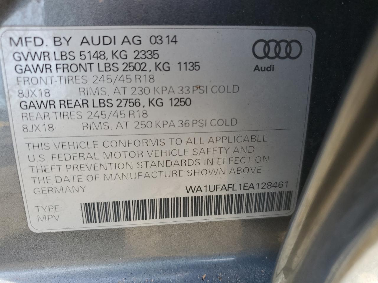 2014 Audi A4 VIN WA1UFAFL1EA128461 Copart auction photo, minor dent/scratches damage thumbnail 12