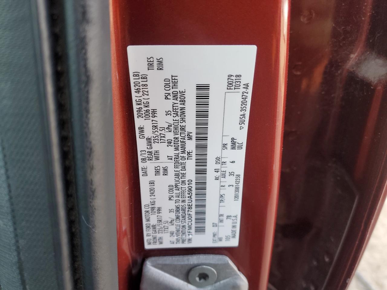 2014 Ford Escape VIN 1FMCU0F78EUA59010 Copart auction photo, front end damage thumbnail 13