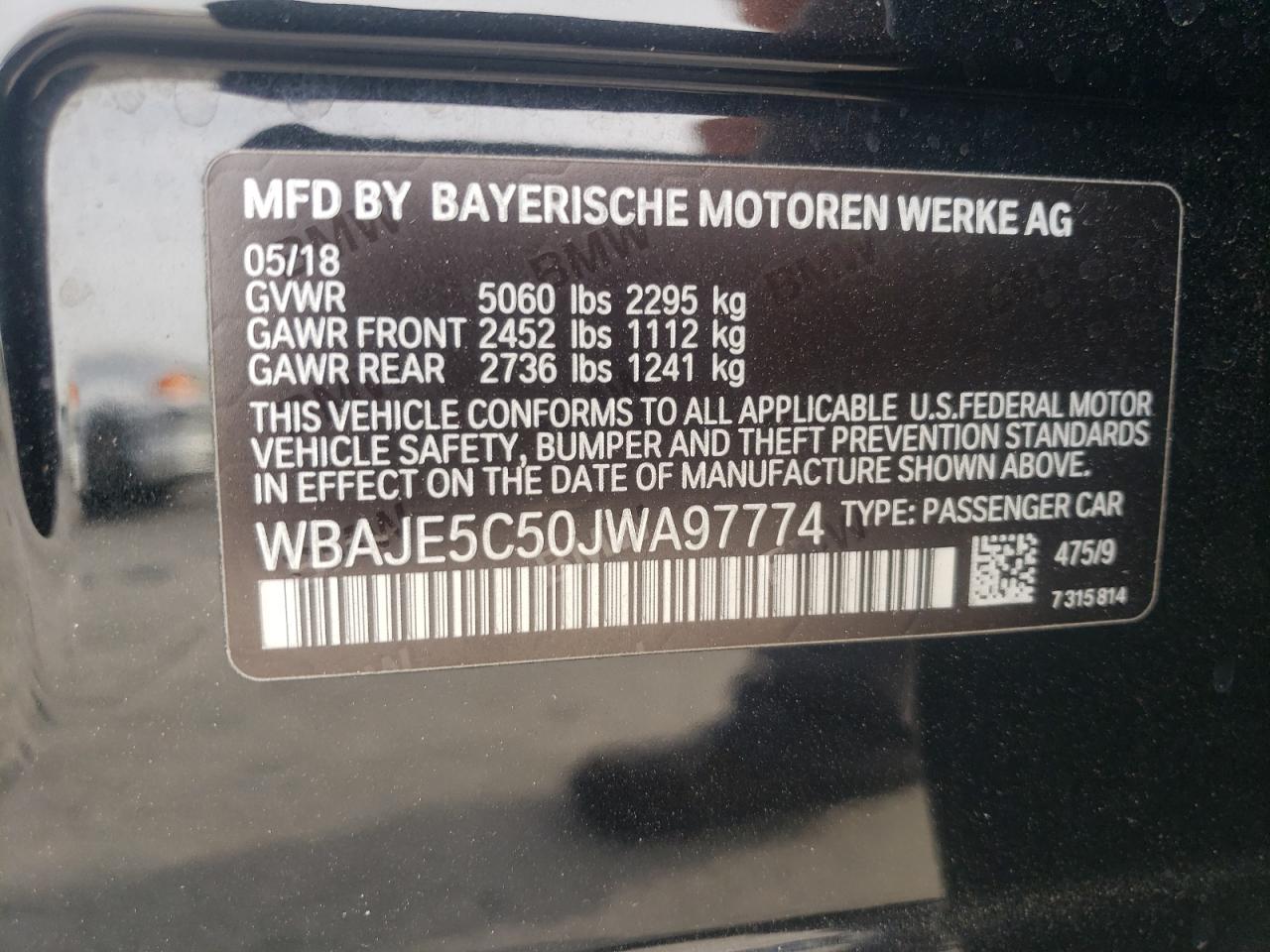 2018 BMW 5er VIN WBAJE5C50JWA97774 Copart auction photo, water/flood damage thumbnail 13