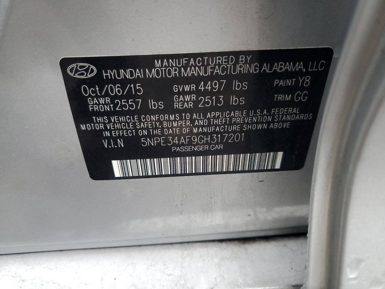 2016 Hyundai Sonata VIN 5NPE34AF9GH317201 Copart auction photo, front end / minor dent/scratches damage thumbnail 13