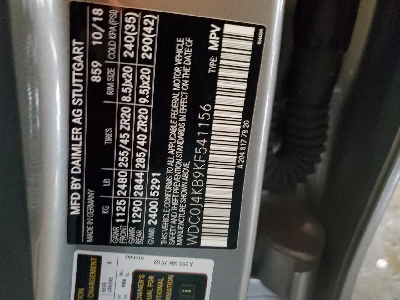 2019 Mercedes-Benz GLC VIN WDC0J4KB9KF541156 Copart auction photo, rear end damage thumbnail 14
