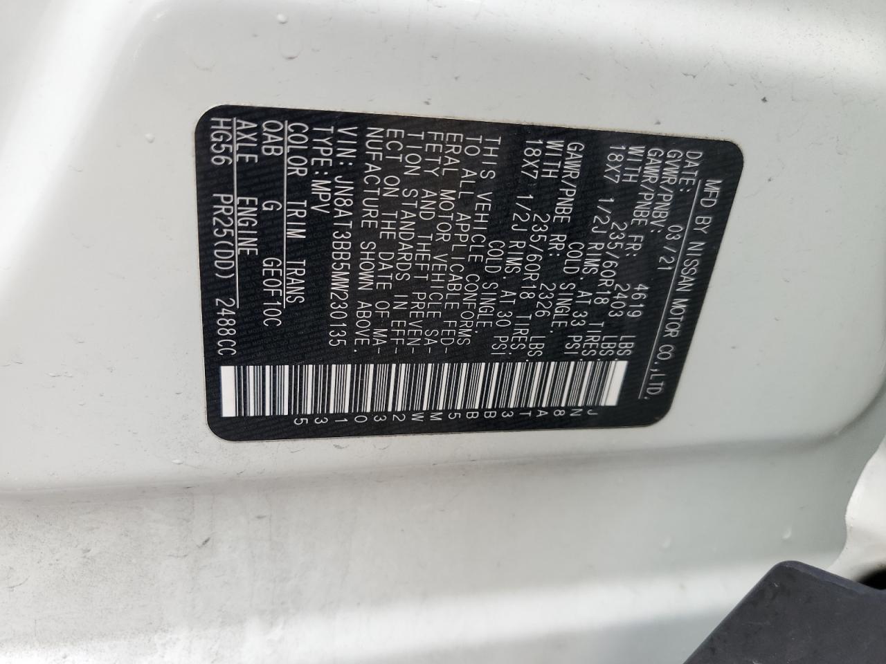 2021 Nissan Rogue VIN JN8AT3BB5MW230135 Copart auction photo, all over damage thumbnail 12