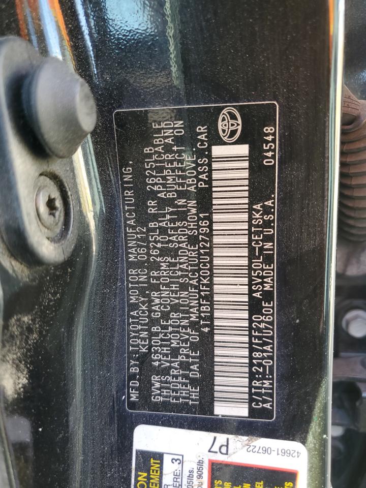 2012 Toyota Camry VIN 4T1BF1FK0CU127961 Copart auction photo, front end damage thumbnail 12